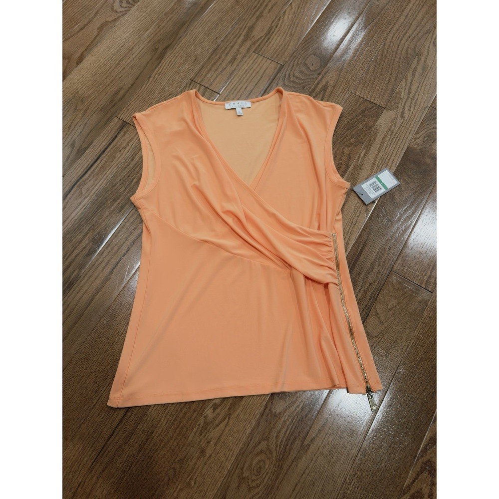 Chaus Slinky Sleeveless Faux Wrap Top Large Stretch Vacation Travel Friendly NEW